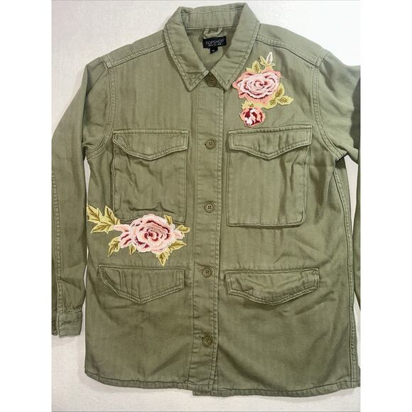 Topshop Floral Embroidered Patch Jacket Women's 6 Army Green Twill - Picture 2 of 12
